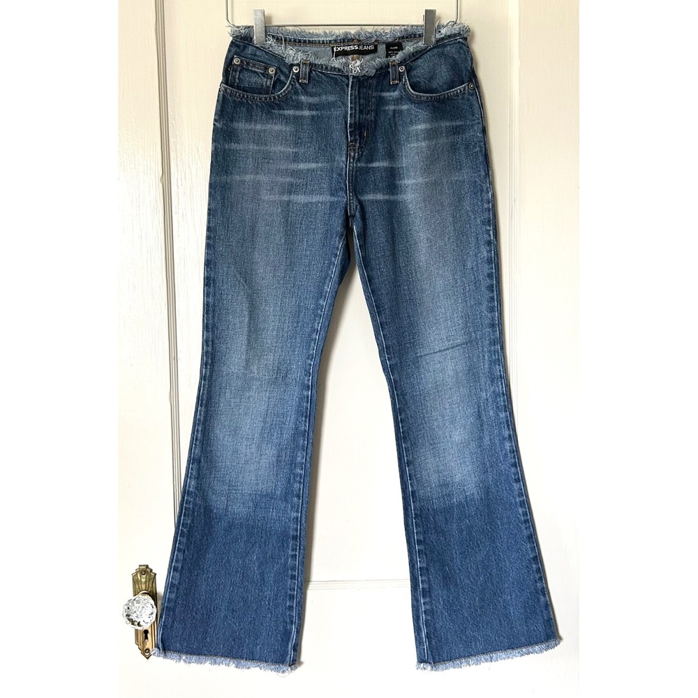 Vintage 90s Y2K Express Low Rise Flare Jeans Frayed Hem Blue 3/4 Short Bratz
